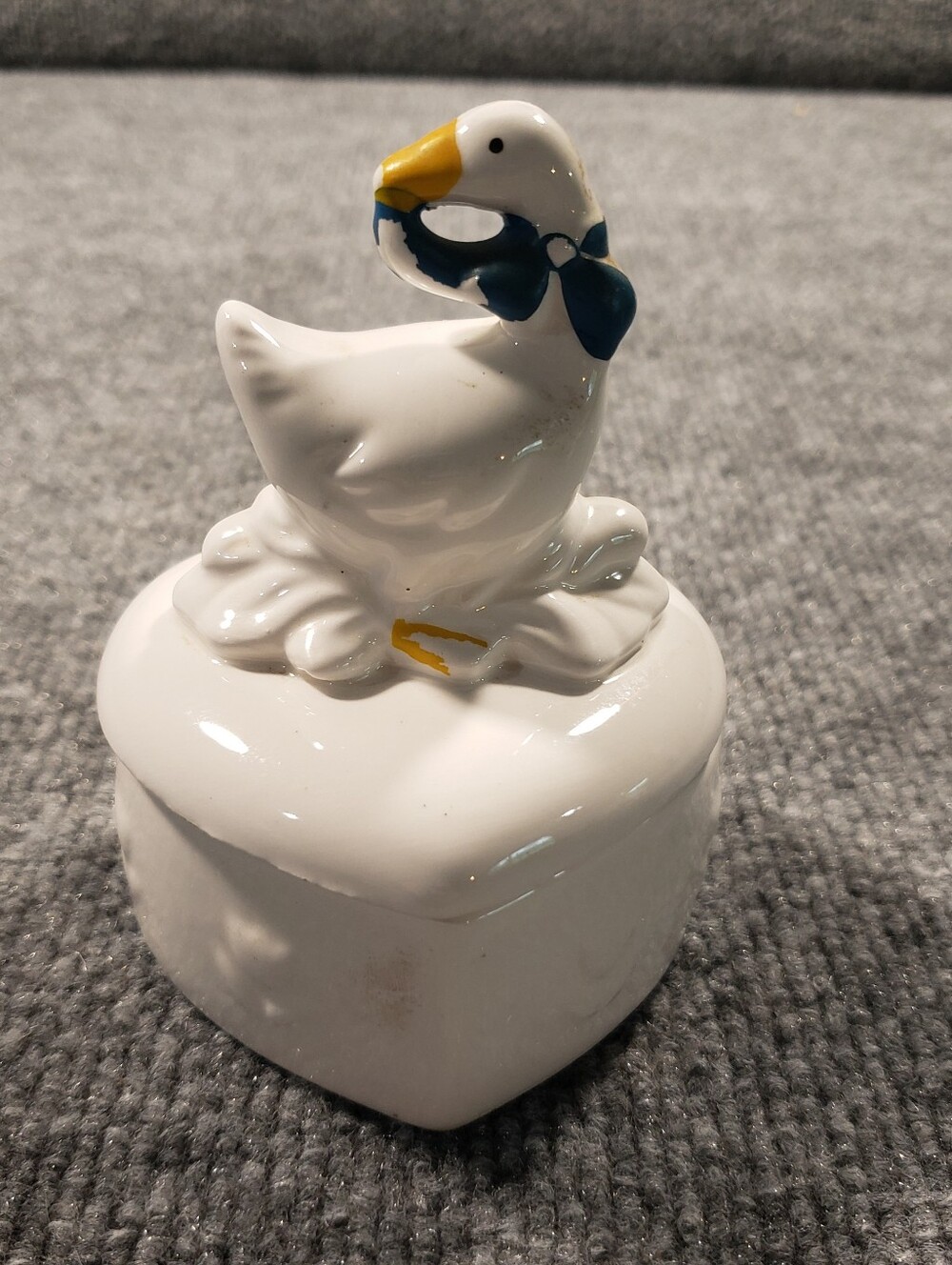 Vintage Blue Ribbon Goose Heart Shaped Trinket Box Cottagecore